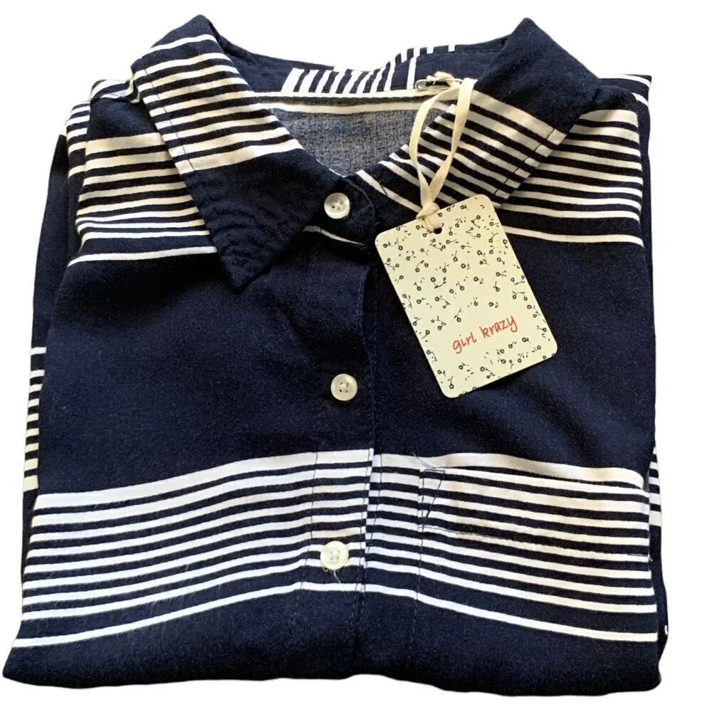 Girl Krazy‎ Sleeveless Boyfriend Button-Front Striped Shirt S Navy #19E